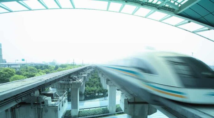 Maglev train arriving shanghai station,china