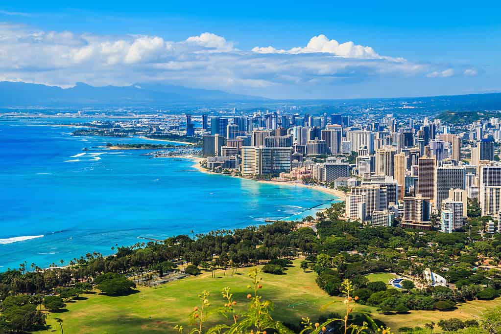 Skyline di Honolulu, Hawaii e l'area circostante compresi gli hotel e gli edifici sulla spiaggia di Waikiki