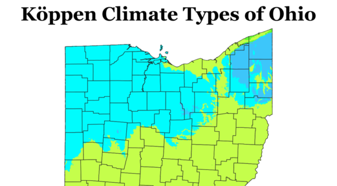Tipi di clima di Köppen dell'Ohio, utilizzando le normali climatiche 1991-2020.
