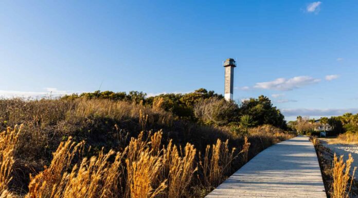 Le dune di sabbia della stazione 18 Beach e Sullivan's Island Lighthouse, Sullivan's Island, South Carolina, STATI UNITI D'AMERICA