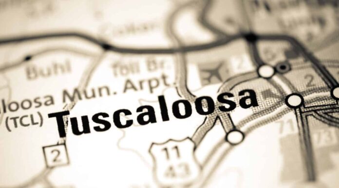 Tuscaloosa.  Alabama.  Stati Uniti su una mappa
