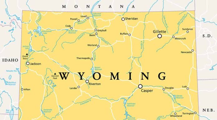 Wyoming, WY, mappa politica, stato americano, soprannominato Stato dell'uguaglianza