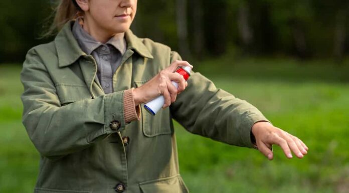 concetto di assistenza sanitaria, protezione e persone - donna che spruzza repellente per insetti o spray per insetti sulla mano al parco