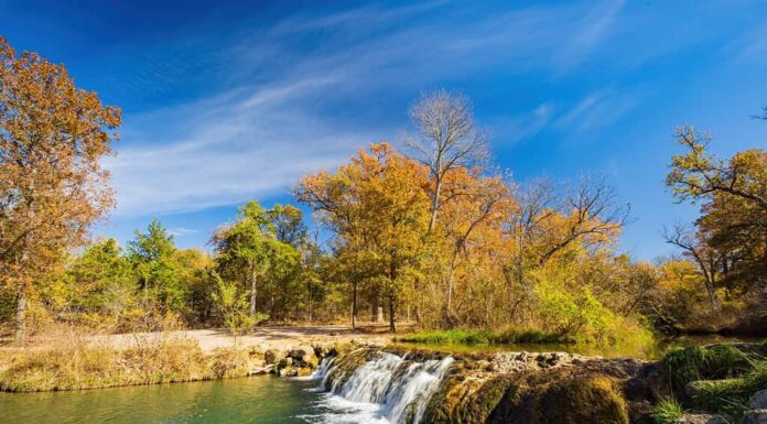 Vista soleggiata delle piccole cascate del Niagara dell'area ricreativa nazionale di Chickasaw in Oklahoma