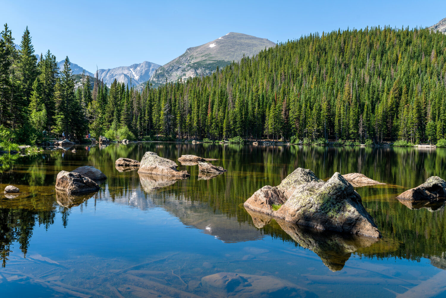Bear Lake - Una soleggiata mattinata estiva con vista di una sezione rocciosa del Bear Lake, Parco Nazionale delle Montagne Rocciose, Colorado, Stati Uniti.