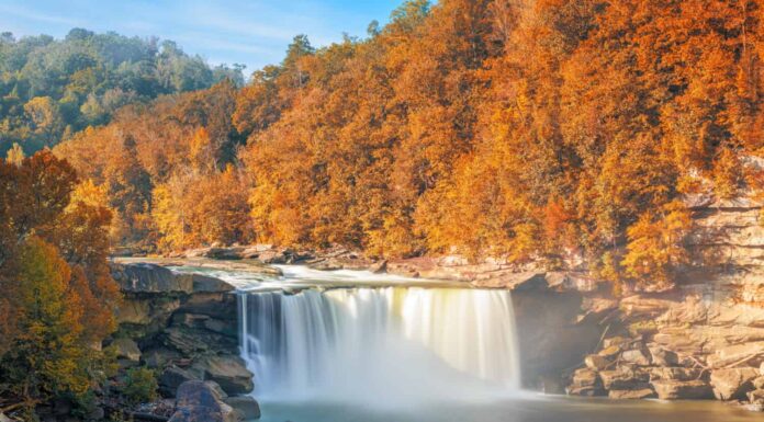 Cumberland cade sul fiume Cumberland nel Cumberland Falls State Resort Park, Kentucky, Stati Uniti.