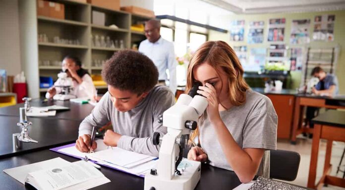 Studenti delle scuole superiori che guardano attraverso il microscopio nella classe di biologia