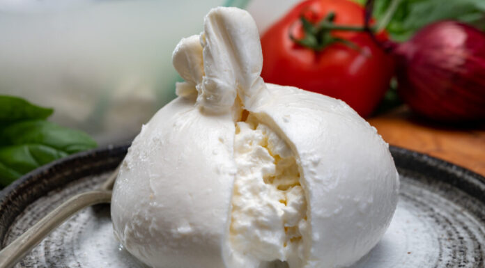 Mangiare formaggio fresco pugliese a pasta molle fatto a mano, palline bianche di burrata o burratina 