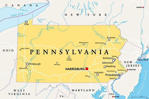 Pennsylvania, Pennsylvania, mappa politica, stato Keystone, stato quacchero.