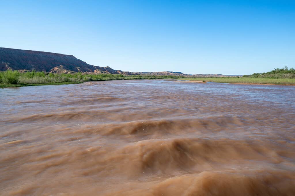 Acque marroni fangose ​​del fiume Virgin a sud di Bunkerville, Nevada, poco prima che confluisca nel lago Mead e nel fiume Colorado.