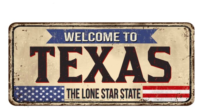 Benvenuti in Texas, cartello vintage in metallo arrugginito