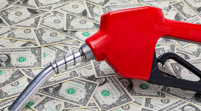 Ugello del carburante della benzina e denaro contante.  Concetto di prezzo del gas, tasse, etanolo e combustibili fossili