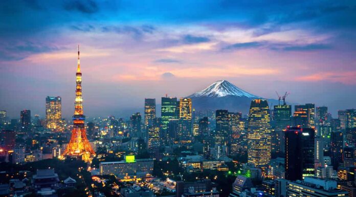 Veduta aerea del paesaggio urbano di Tokyo con il monte Fuji in Giappone.