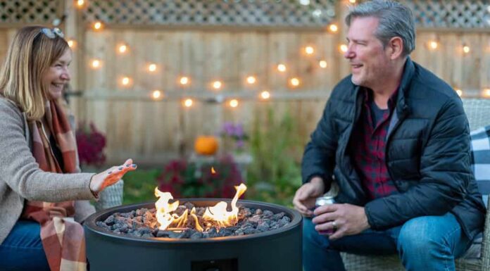 Felice coppia di mezza età seduta accanto a un pozzo del fuoco nel cortile in autunno