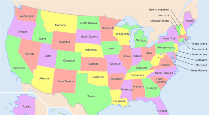 Mappa degli Stati Uniti con i nomi degli stati