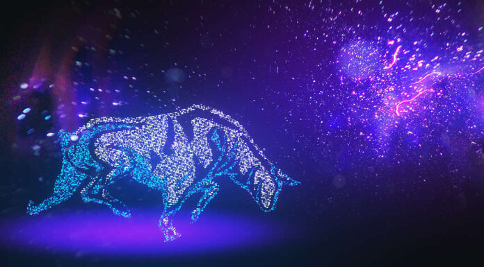 Vibrante arte digitale di un toro fatto di stelle su uno sfondo viola