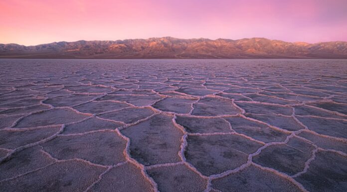 Bellissimo paesaggio stimolante e struttura di salgemma delle saline del bacino di Badwater sotto un tramonto colorato e vibrante o un cielo rosa all'alba nel Parco nazionale della Valle della Morte, Stati Uniti.