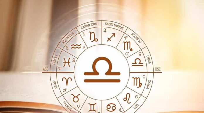 Cerchio zodiacale sullo sfondo di un libro aperto con il segno della bilancia.  Previsioni astrologiche per i segni dello zodiaco.  Caratteristiche del segno bilancia.  Astrologia, esoterismo, scienza segreta
