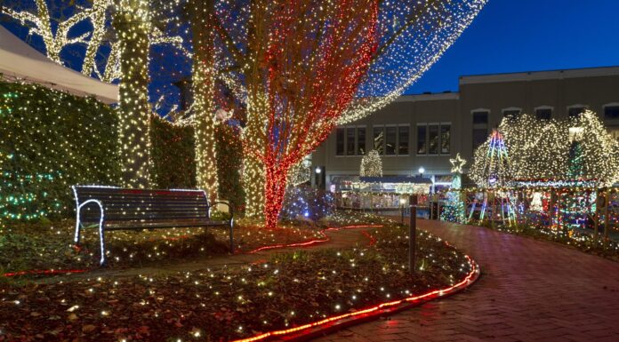 Le luci degli Ozarks nel centro di Fayetteville, Arkansas