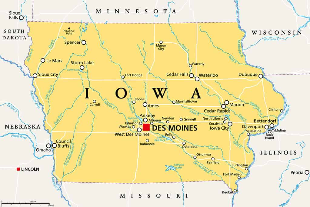 Iowa, IA, mappa politica, stato americano, soprannominato The Hawkeye State