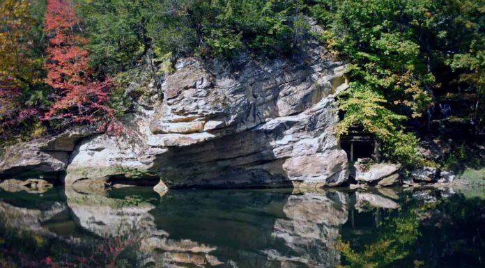 Scogliere di arenaria lungo il Sugar Creek nel Run State Park della Turchia