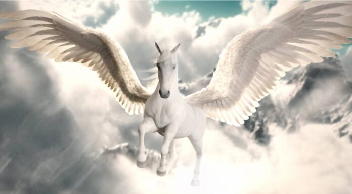 Pegaso che vola nel cielo.