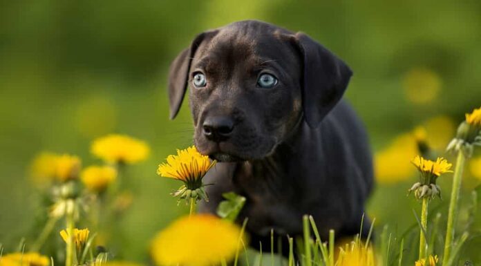 Louisiana Catahoula cucciolo di cane leopardo che cammina sull'erba in estate
