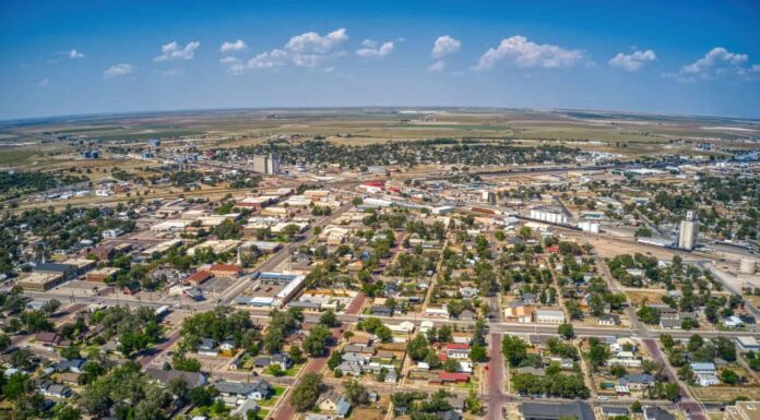 Veduta aerea del polo agricolo e della città di Dalhart, Texas