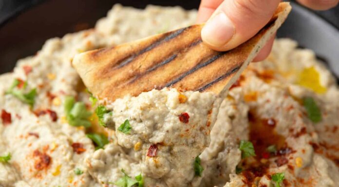 Baba ganoush salsa a base di melanzane o melanzane grigliate, succo di limone, olio d'oliva e tahini.  Antipasto vegetariano