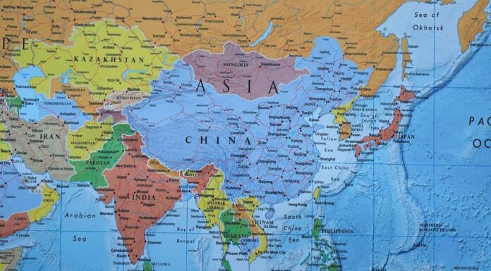 Primo piano dell'Asia sulla mappa del mondo