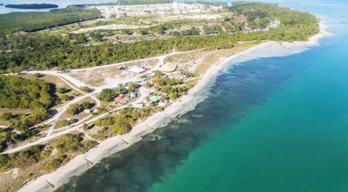 Florida, Stati Uniti, Parco nazionale Key Biscayne e la spiaggia, vista aerea