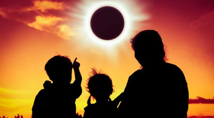 Silhouette vista posteriore della famiglia seduta e rilassante insieme.  Il ragazzo indica l'eclissi solare sullo sfondo del cielo dorato.  Famiglia felice che trascorre del tempo insieme.  All'aperto.