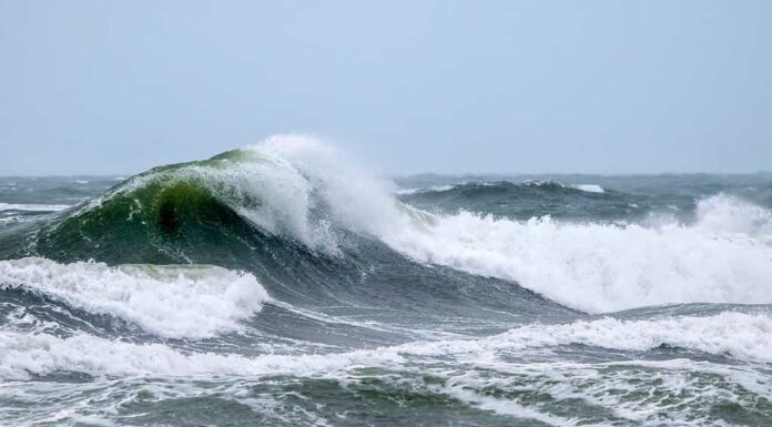 Un'ondata che sta per rompersi durante un Nor'Easter di fine inverno.  Salisbury, Massachusetts.