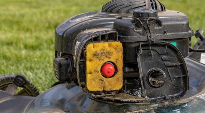 Filtro dell'aria sporco sul tosaerba.  Concetto di riparazione, manutenzione e messa a punto di piccoli motori