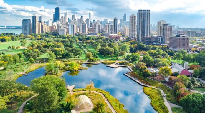 Vista aerea del drone dello skyline di Chicago dall'alto, sul lago Michigan e sulla vista dell'uccello del paesaggio urbano dei grattacieli del centro della città di Chicago dal parco, Illinois, Stati Uniti