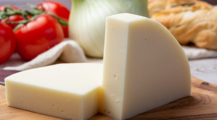 Formaggio italiano, provolone dolce di mucca cremonese servito con pane alle olive e pomodori da vicino