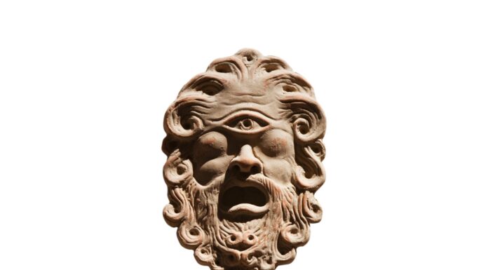 Polifemo maschera greca odissea un occhio su sfondo bianco