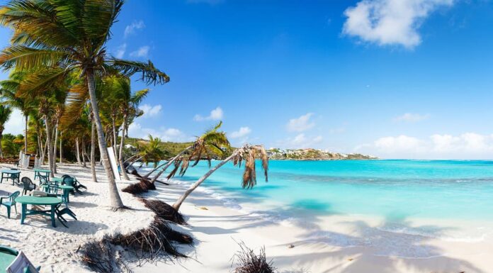 Bellissima spiaggia incorniciata da palme e bar sul mare sull'isola caraibica di Anguilla