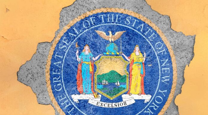 Bandiera del sigillo dello stato americano di New York nella grande struttura della facciata con foro di cemento rotto