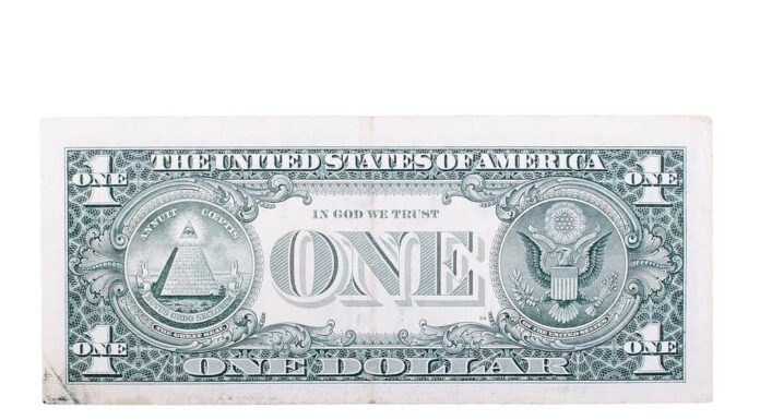 La denominazione di un dollaro sul retro, isolata su sfondo bianco