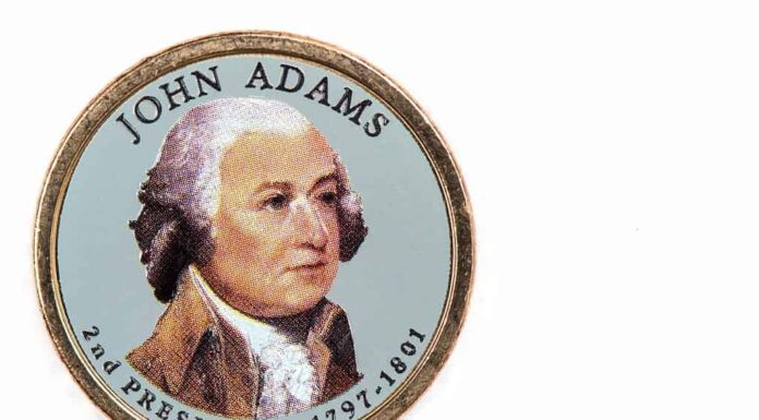 Dollaro presidenziale John Adams, moneta USA con immagine ritratto di JOHN ADAMS 2° PRESIDENTE 1797-1801, $ 1 Stati Uniti di Amekica, primo piano UNC Fior di conio - Collezione