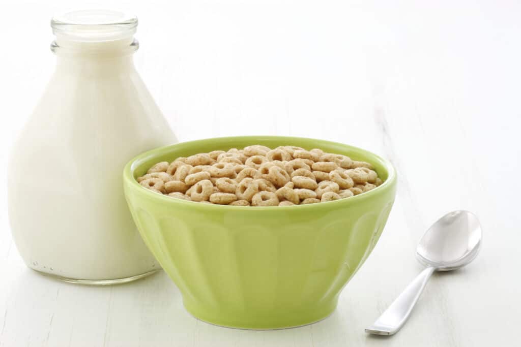 I cani possono mangiare i Cheerios? Ciotola di Cheerios e brocca di latte.