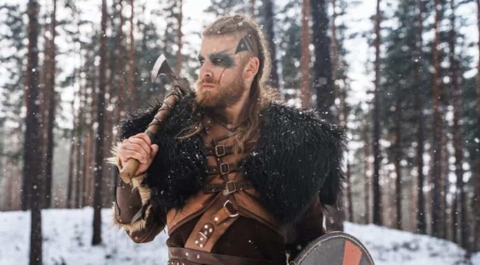 Un feroce guerriero vichingo in bilico con un'ascia e uno scudo in una foresta di pini innevata, raffigurante la forza e la cultura nordica storica