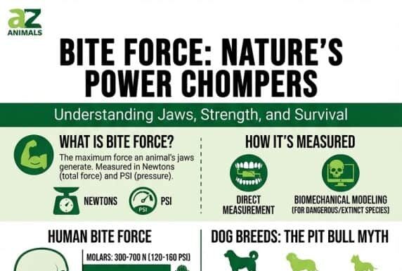 An infographic detailing the bite forces of various animals. It compares human bite strength to that of dog breeds (Kangal Shepherd, English Mastiff, Pit Bull), big cats (Lion, Jaguar), and champion biters like the saltwater crocodile and great white shark, providing measurements in Newtons and PSI.