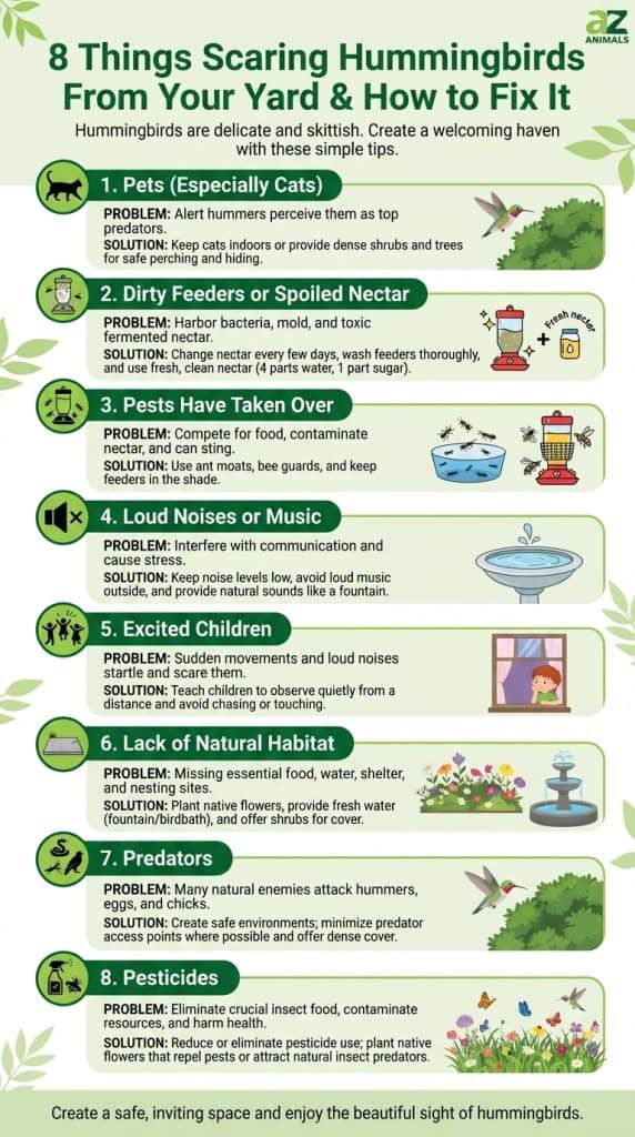 Infografica che illustra 8 problemi che spaventano i colibrì dai cortili e le relative soluzioni, inclusi animali domestici, mangiatoie sporche, parassiti, rumori forti, bambini eccitati, mancanza di habitat, predatori e pesticidi. Ogni punto presenta un problema, una soluzione e un'icona illustrativa.