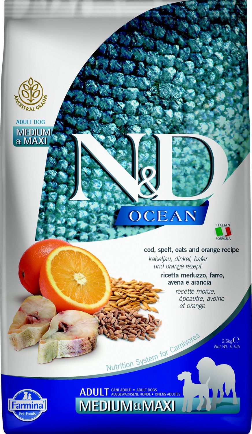 Farmina N&D baccalà oceanico e arancia ancestrale grano medio e maxi adulto cibo secco per cani