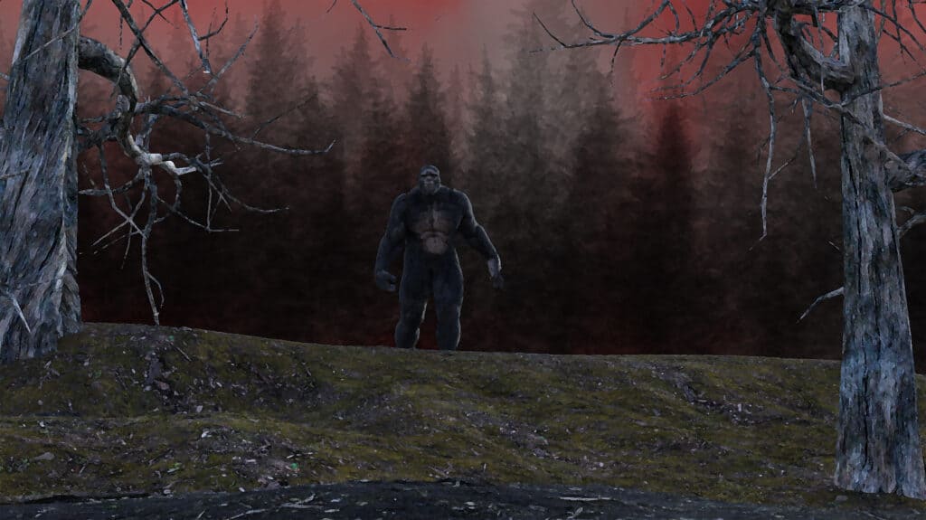 Bigfoot in piedi sulla cresta di una collina