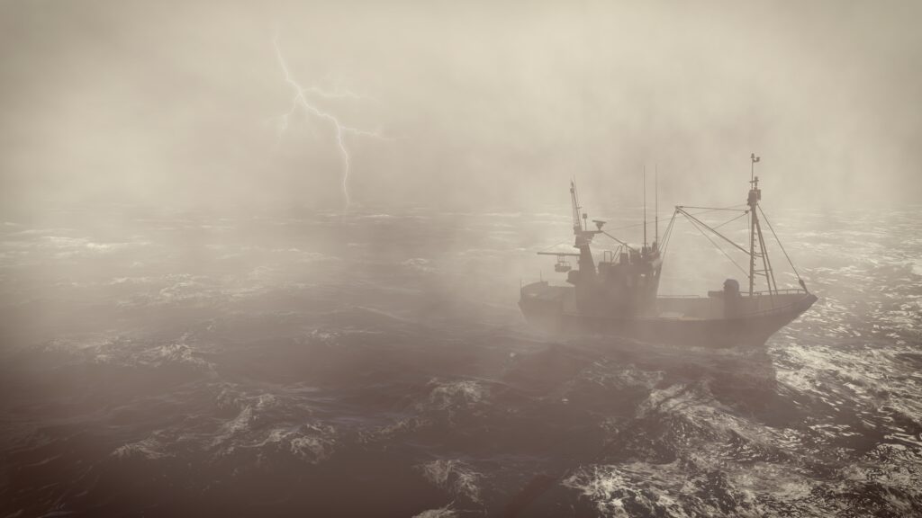 Barca da pesca durante una forte tempesta