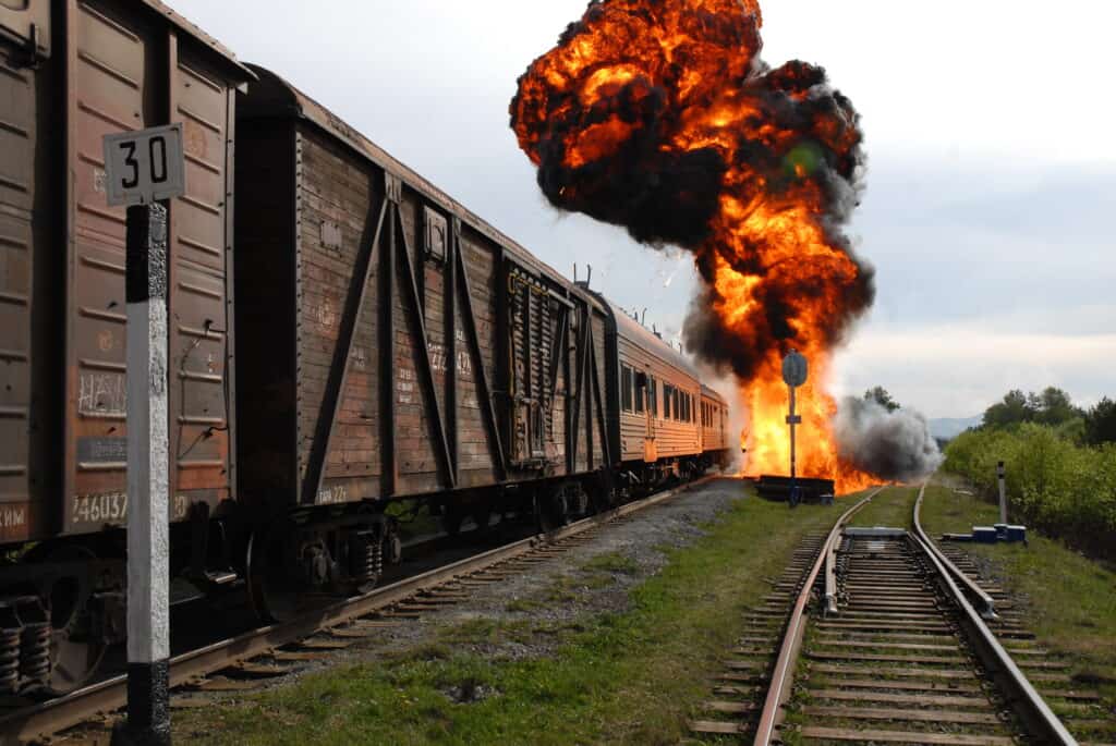 Un treno con un'esplosione vicino alla parte anteriore