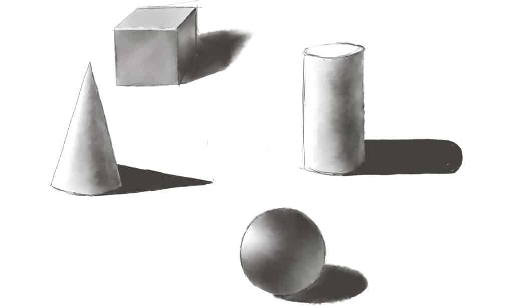 Quattro forme artistiche di base sono cono, cubo, palla e cilindro;  impara a disegnarli con le loro ombre.